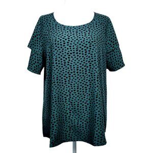 Women's Green Polka Dot Round Neck Tiered Sleeve Blouse 0X & 1X Short Sleeve Top